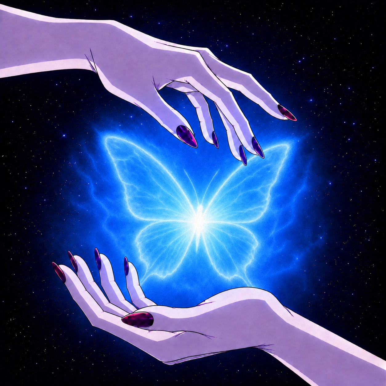 Papillon énergétique bleu lumineux entre deux mains