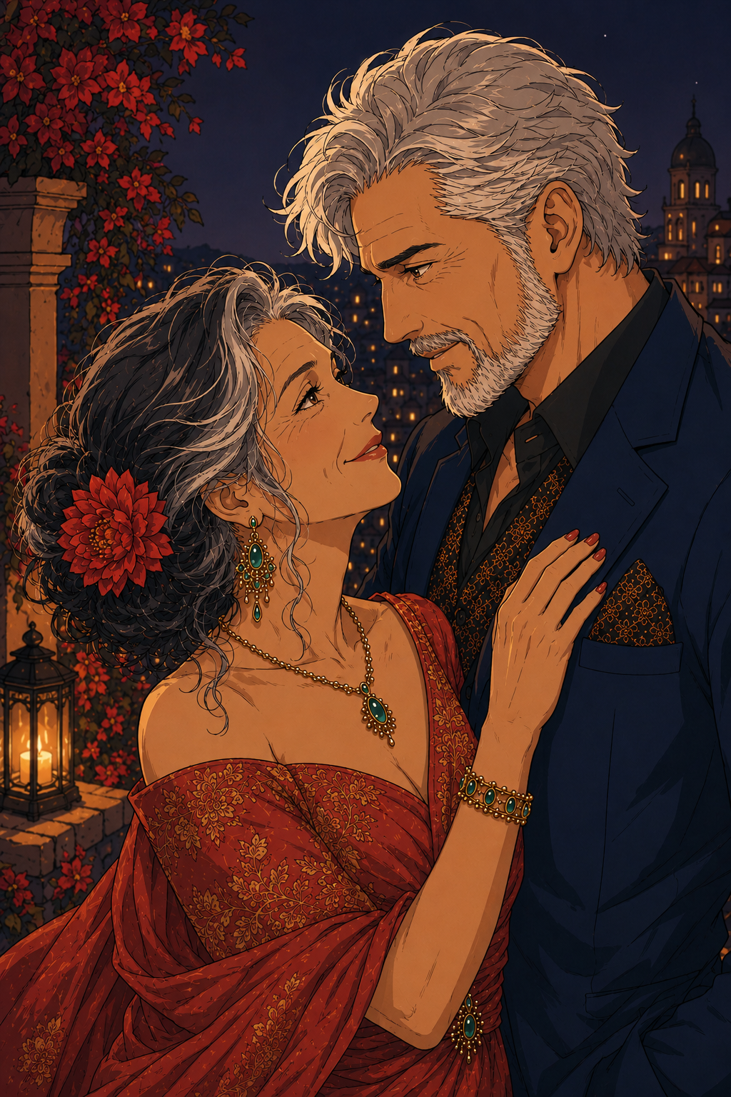Couple mature dans un regard amoureux, lanternes et fleurs rouges