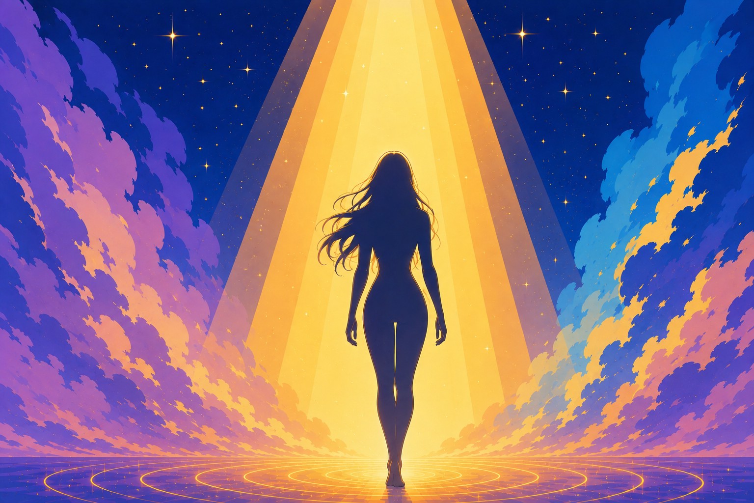 Silhouette féminine entièrement éclairée par un grand faisceau de lumière dorée