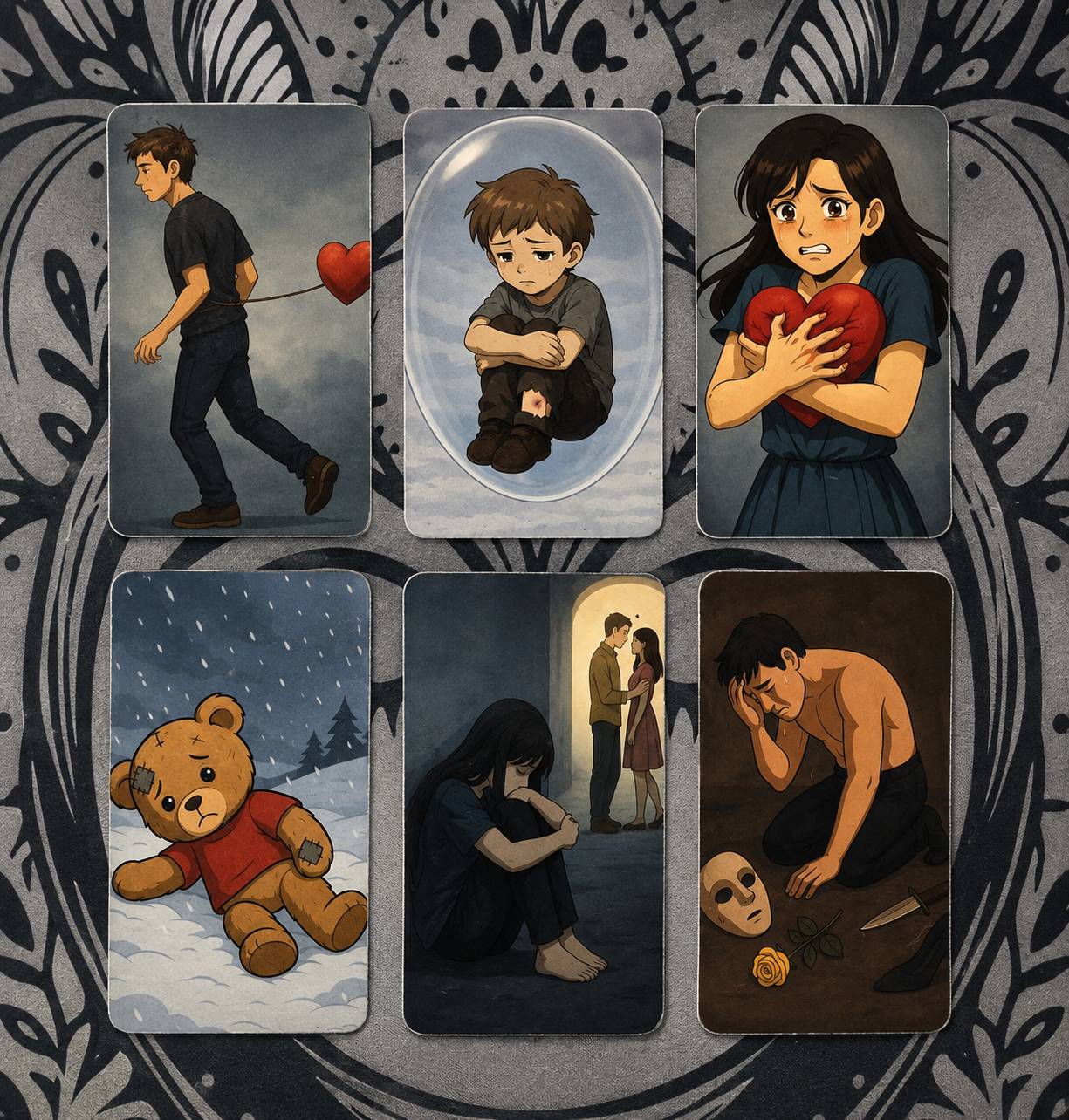 Exemples de cartes sur les blessures et schémas d’attachement de l'oracle Caro.Luna