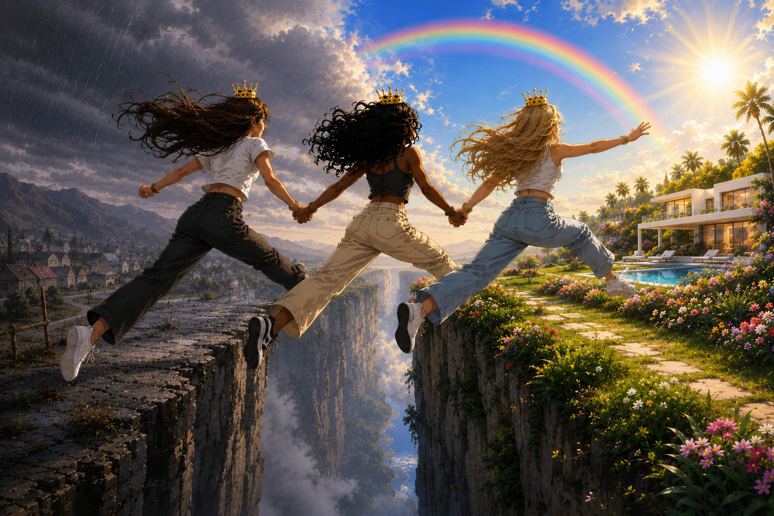 Trois femmes couronnées se tenant par la main, en plein saut au-dessus d’un canyon, passant d’un univers sombre à un univers lumineux